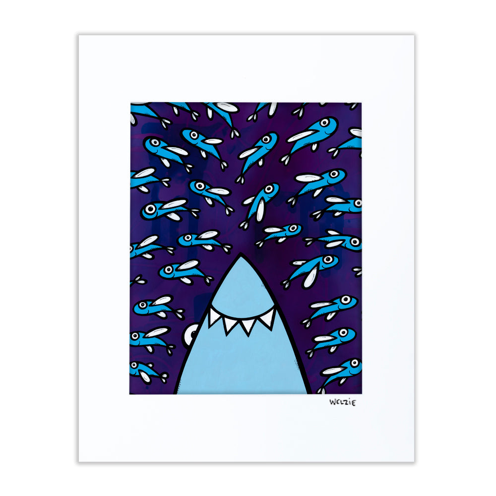 Shark silhouette camouflaged among a repeating pattern of small fish — matted fine art print by Maui artist Welzie