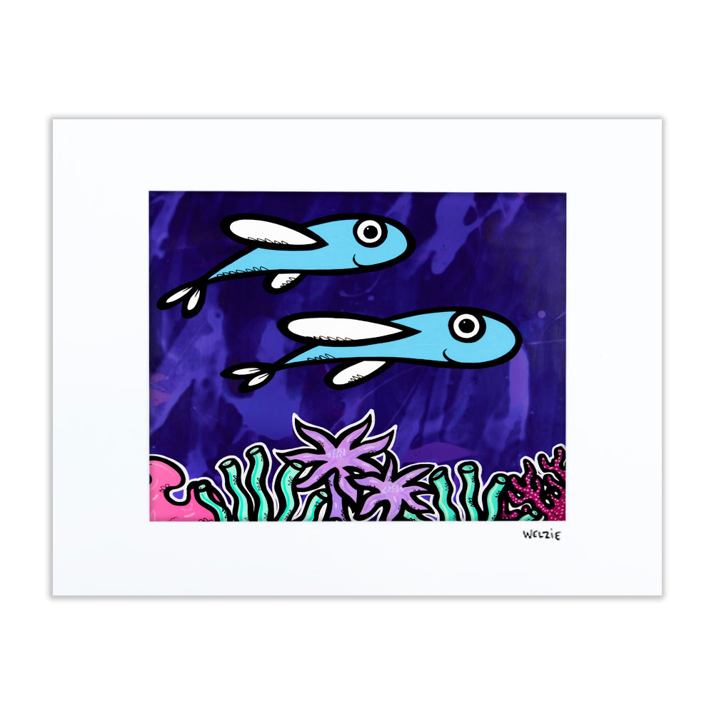 Two flying fish over coral against a deep purple background — matted fine art print by Maui artist Welzie