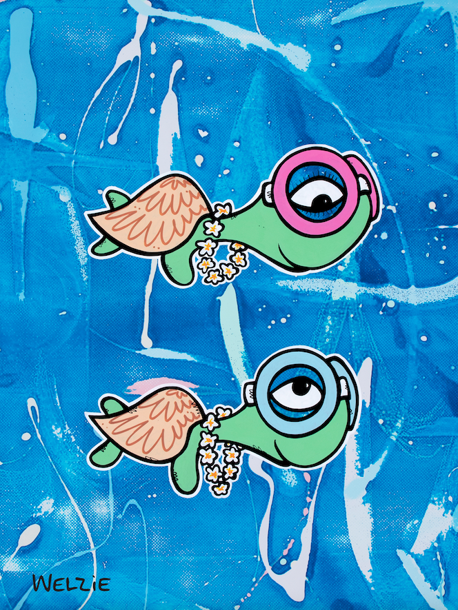 Two green turtle characters wearing snorkel masks and flowers — aluminum reproduction by Maui artist Welzie