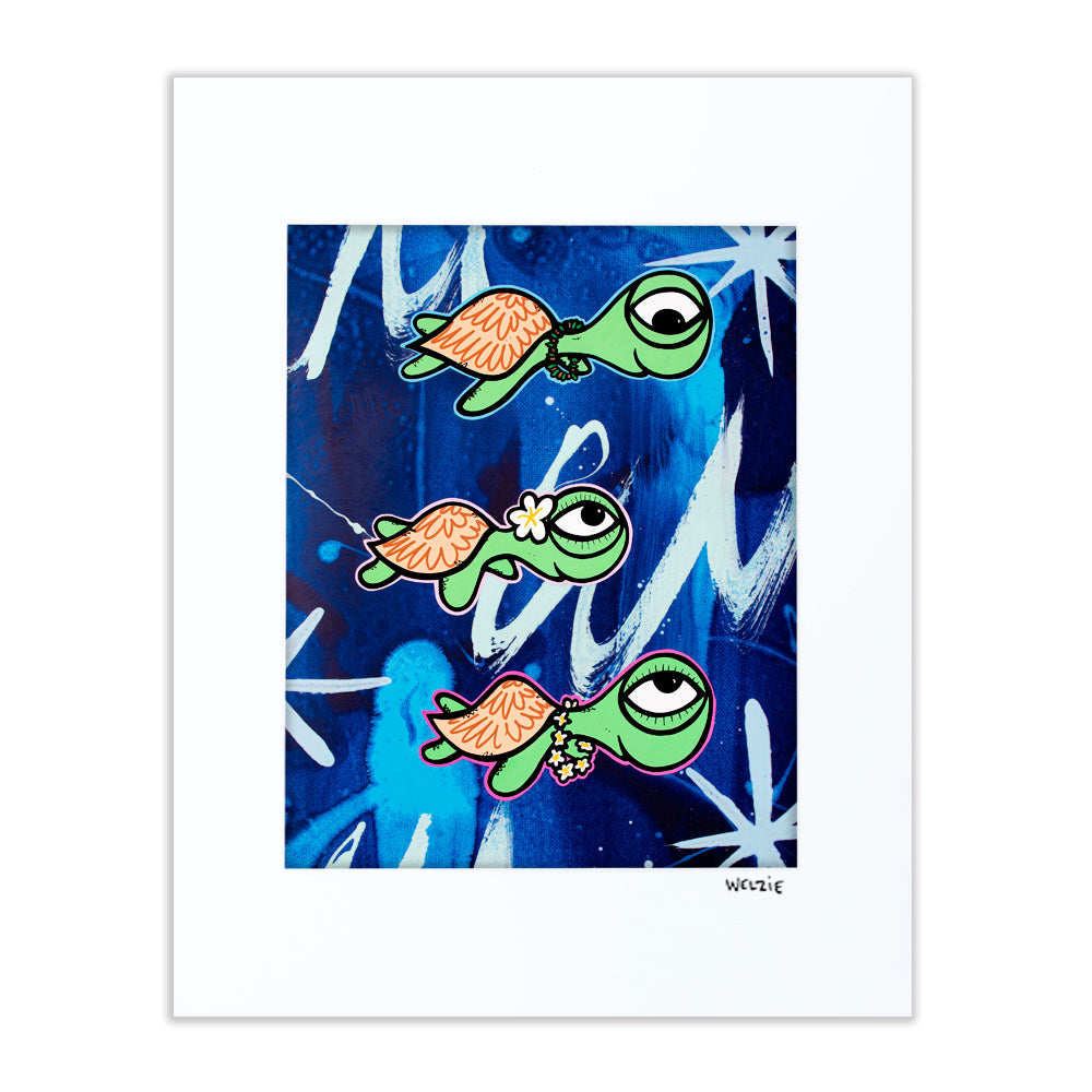 Three turtle characters swimming against a dark blue background — matted fine art print by Maui artist Welzie