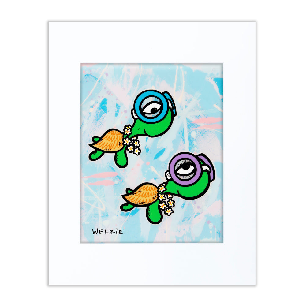 Two green turtle characters swimming together — matted fine art print by Maui artist Welzie