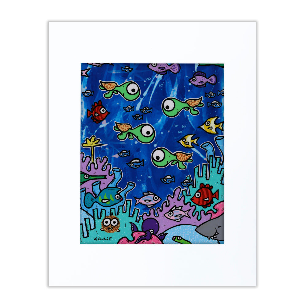 Busy, colorful underwater scene with turtles and fish among coral — matted fine art print by Maui artist Welzie
