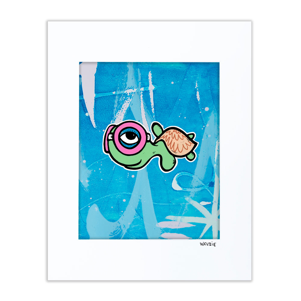 Single green turtle character wearing a pink snorkel mask — matted fine art print by Maui artist Welzie