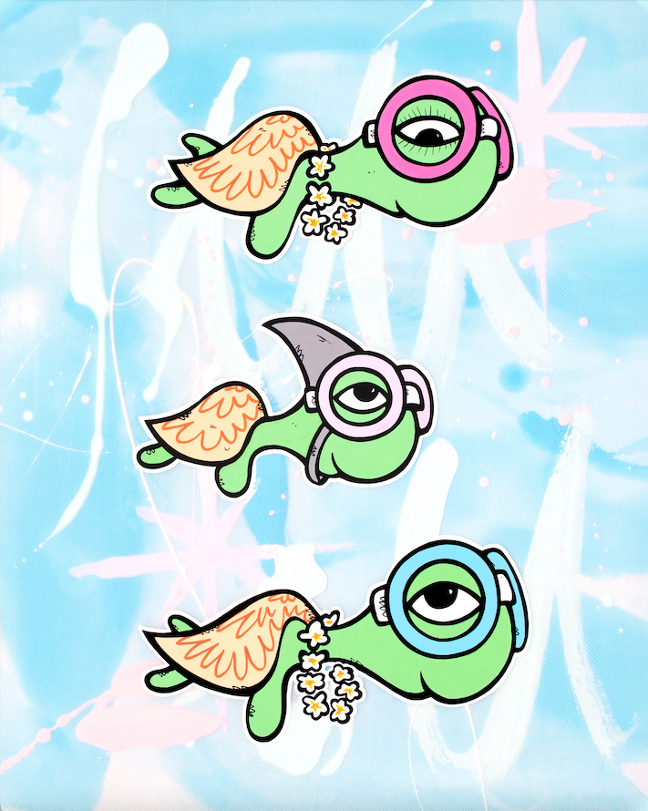 Three turtle characters wearing snorkel masks against a light background — aluminum reproduction by Maui artist Welzie