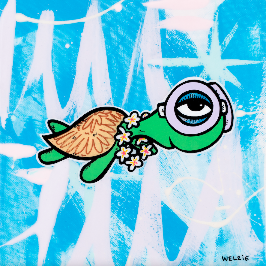 Single green turtle character wearing a snorkel mask — aluminum reproduction by Maui artist Welzie