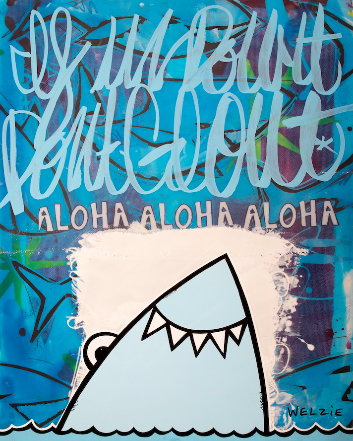 Shark face illustration with hand-lettered "ALOHA" script — aluminum reproduction by Maui artist Welzie