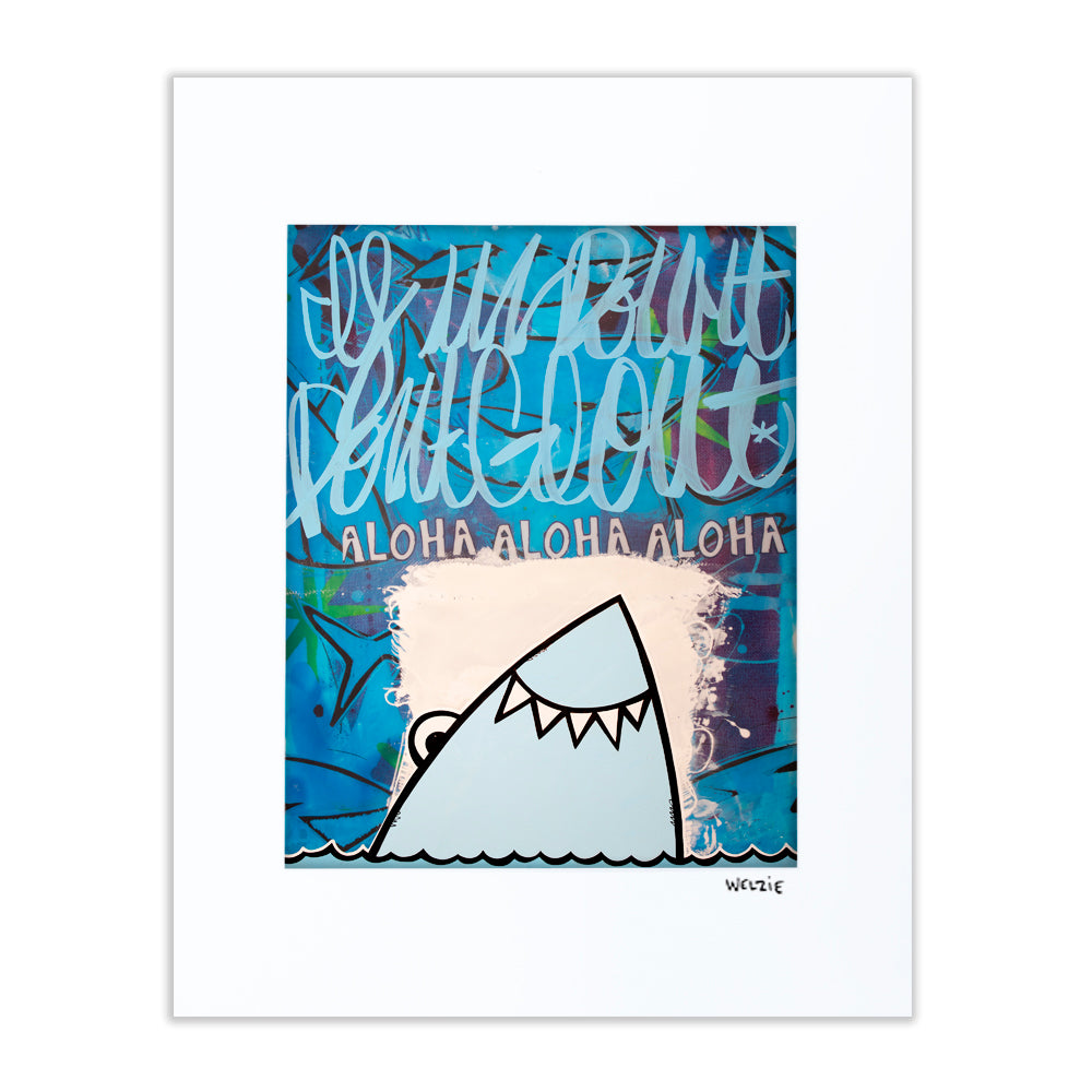 Shark face illustration with hand-lettered "ALOHA" script — matted fine art print by Maui artist Welzie