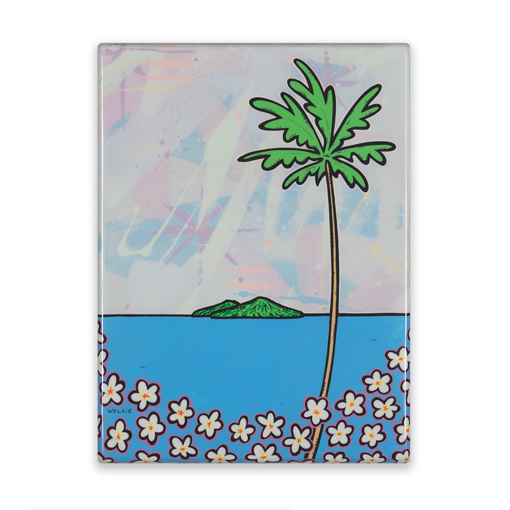 18 × 24 artwork featuring two Hawaiian islands in the distance, a palm tree, plumeria flowers, and his signature abstract background.