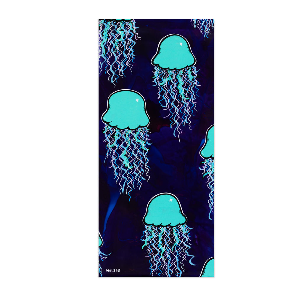 Jellyfish floating vertically against a navy background — original artwork by Maui artist Welzie