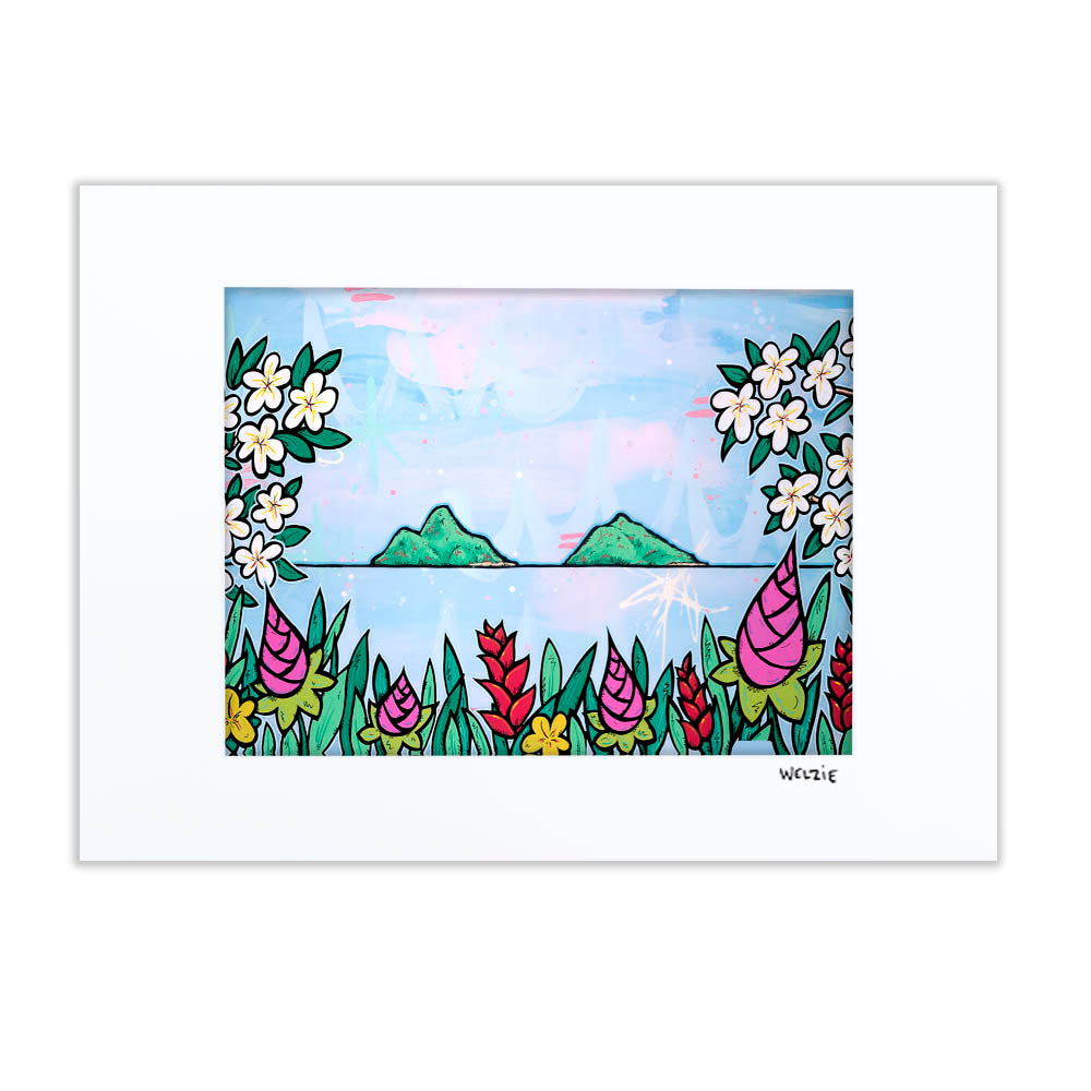 Island coastline landscape with tropical flowers in the foreground — matted fine art print by Maui artist Welzie