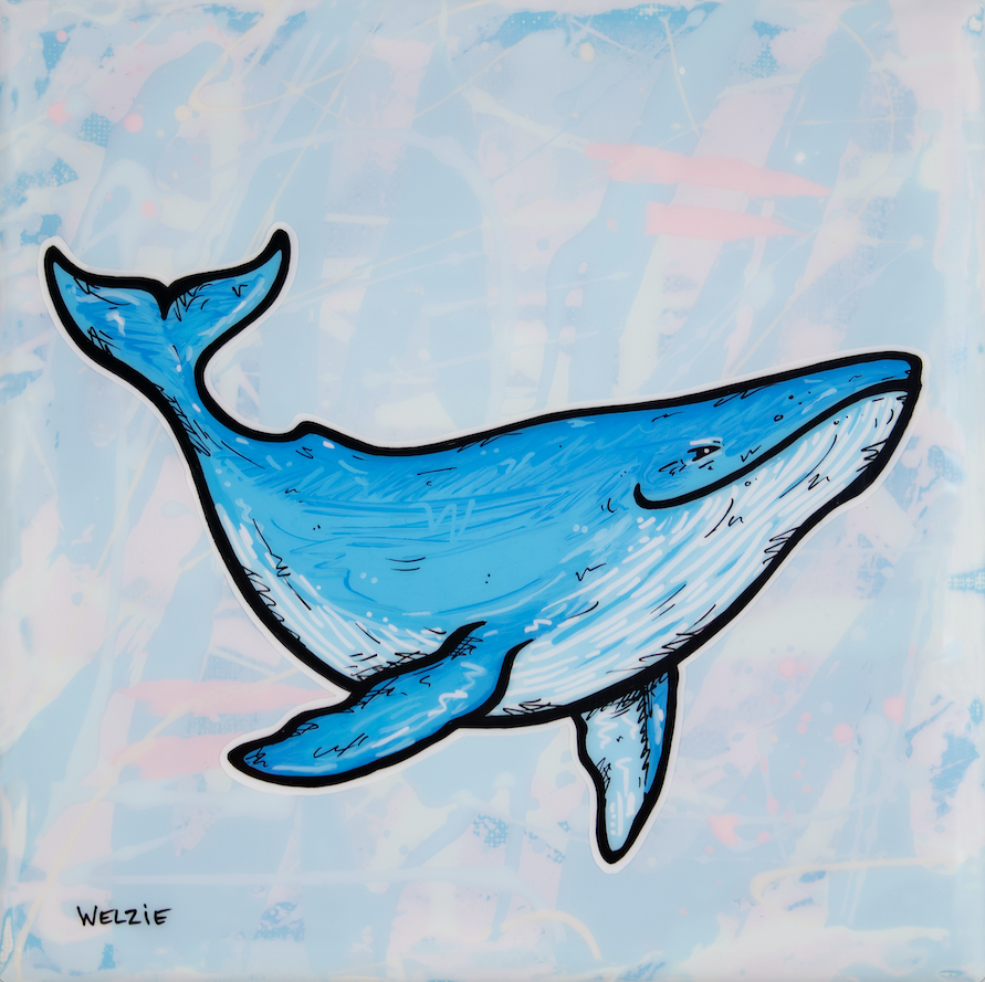 Single blue whale figure in a soft painterly style — aluminum reproduction by Maui artist Welzie