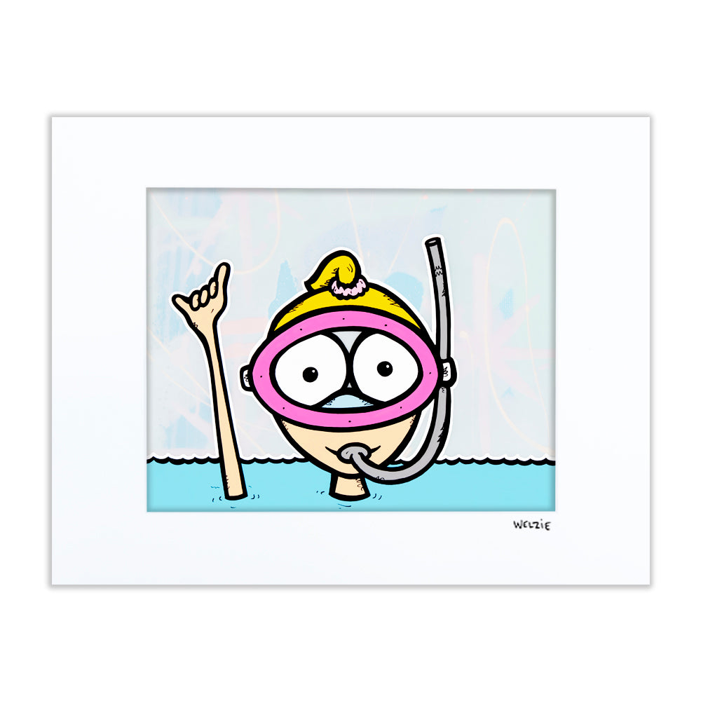 Round snorkeling character giving a shaka sign — matted fine art print by Maui artist Welzie