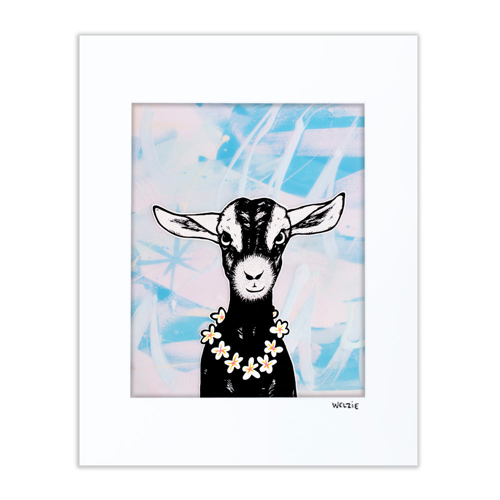 A goat character riding a surfboard — matted fine art print by Maui artist Welzie