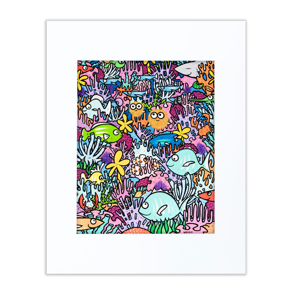 Busy, colorful pattern of fish and sea creatures packed together — matted fine art print by Maui artist Welzie