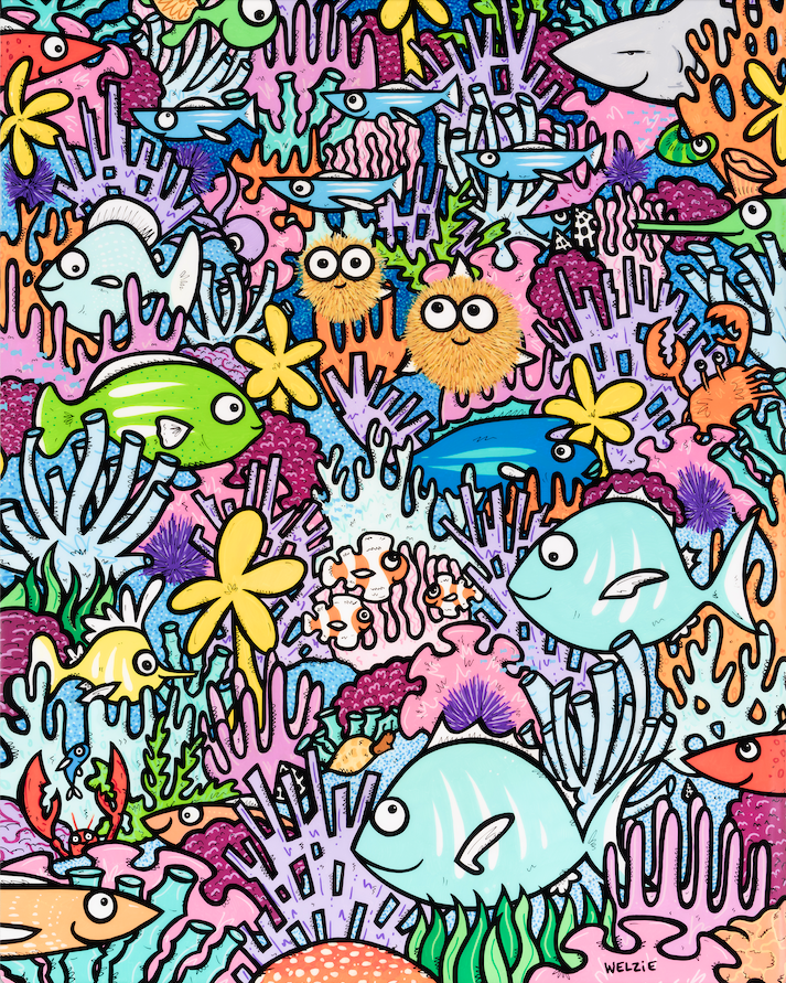 Busy, colorful pattern of fish and sea creatures packed together — aluminum reproduction by Maui artist Welzie