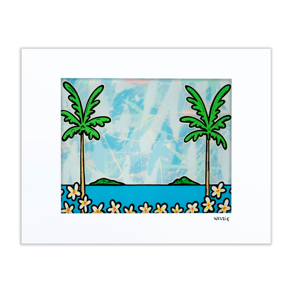 Two palm trees framing an ocean view, bordered by plumeria flowers — matted fine art print by Maui artist Welzie