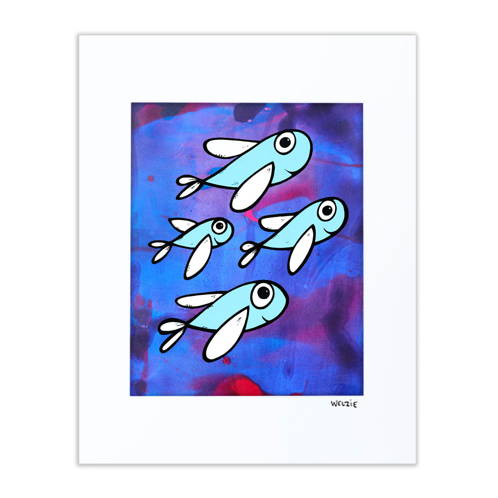 Four flying fish figures against a purple and blue background — matted fine art print by Maui artist Welzie
