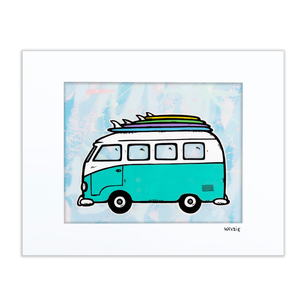 A surf-themed scene with a surfboard and wave elements — matted fine art print by Maui artist Welzie