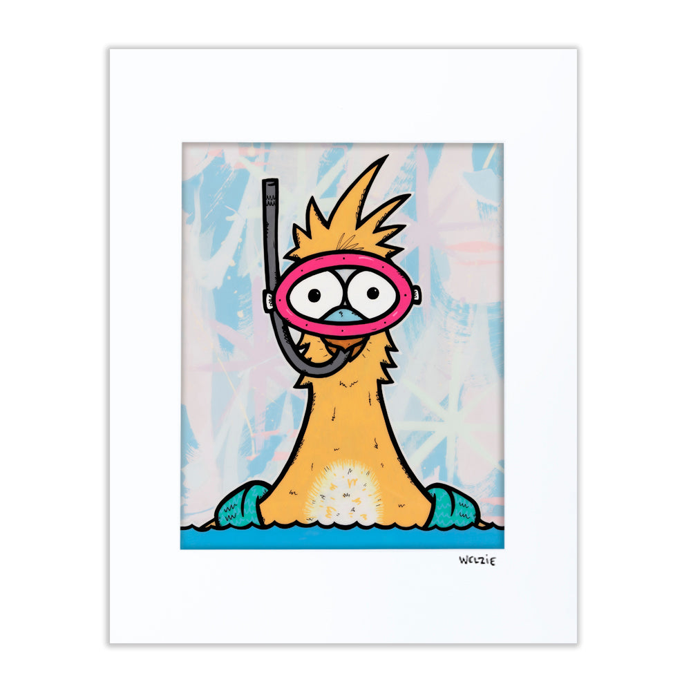 A chicken character swimming, playful and unexpected pairing — matted fine art print by Maui artist Welzie