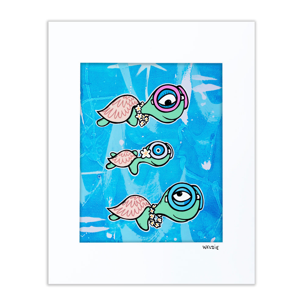 A family of turtle characters wearing flower leis — matted fine art print by Maui artist Welzie