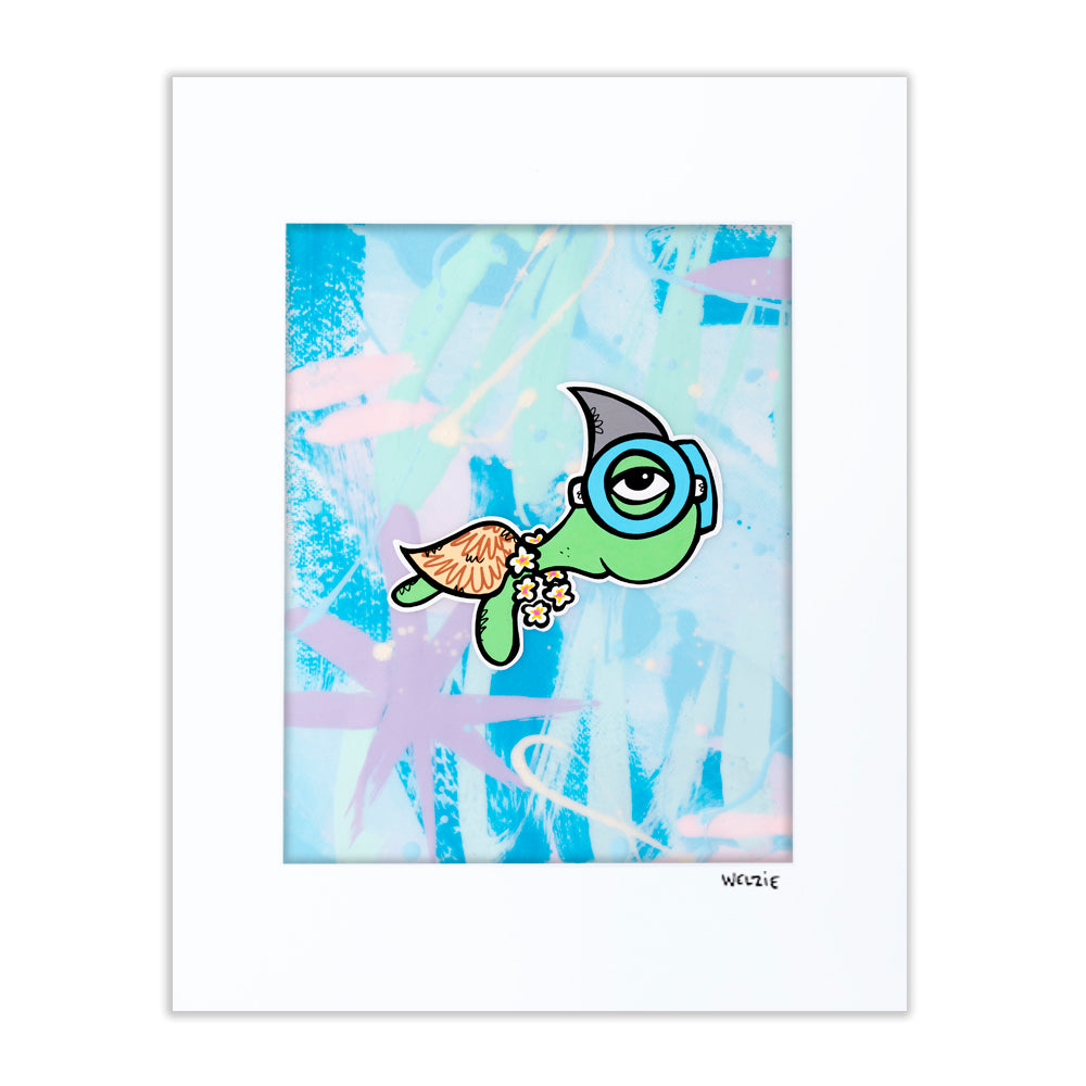 A turtle and shark character together, playful pairing — matted fine art print by Maui artist Welzie