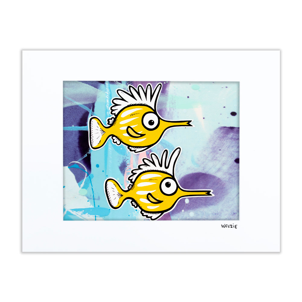 Two tang fish swimming together in bright blue and yellow — matted fine art print by Maui artist Welzie