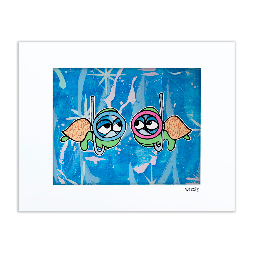 Two sea creatures paired together in a romantic underwater scene — matted fine art print by Maui artist Welzie
