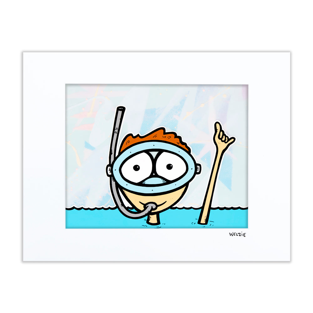 Round snorkeling character giving a shaka sign — matted fine art print by Maui artist Welzie