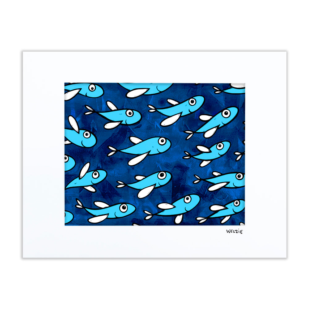 Repeating pattern of blue flying fish on a navy background, wide format — matted fine art print by Maui artist Welzie