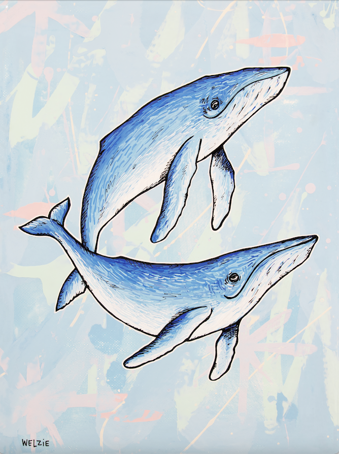 Two whales swimming together in soft blue tones — aluminum reproduction by Maui artist Welzie