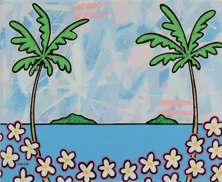 Two palm trees framing an ocean view, bordered by plumeria flowers — aluminum reproduction by Maui artist Welzie