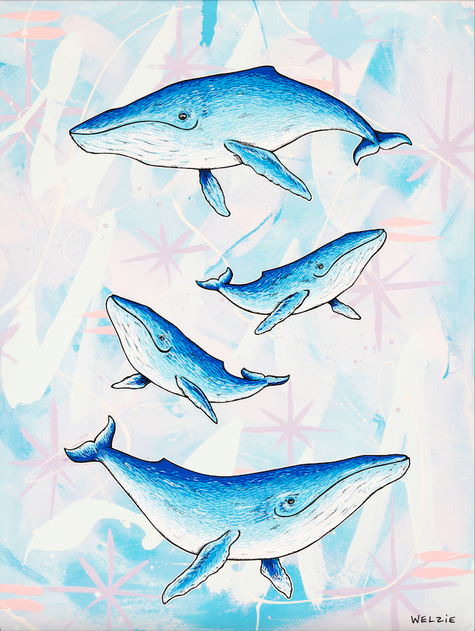 A group of whales swimming together in a vertical arrangement — aluminum reproduction by Maui artist Welzie