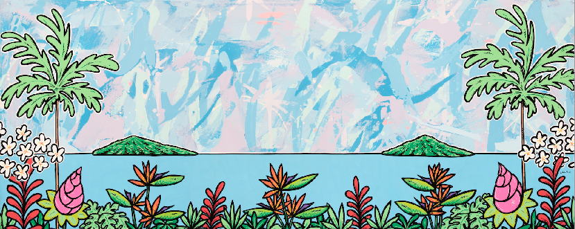 Wide island landscape with palm trees and calm water — aluminum reproduction by Maui artist Welzie