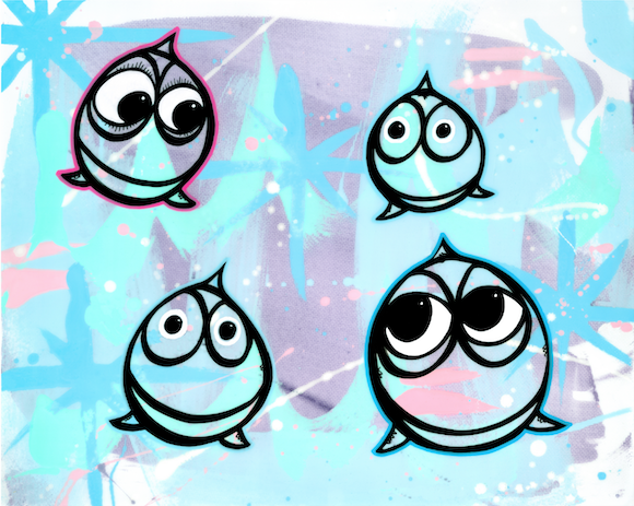 Four small round character faces against a soft pastel background — aluminum reproduction by Maui artist Welzie