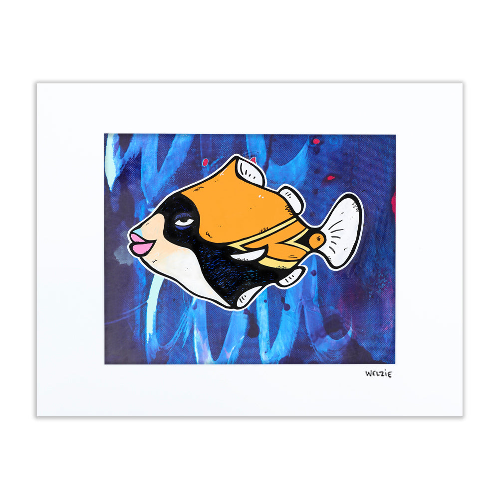 Illustrated reef triggerfish, Hawaii's state fish, in bold color — matted fine art print by Maui artist Welzie