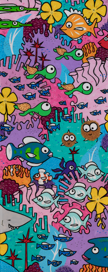 Colorful vertical underwater reef scene dense with fish — aluminum reproduction by Maui artist Welzie