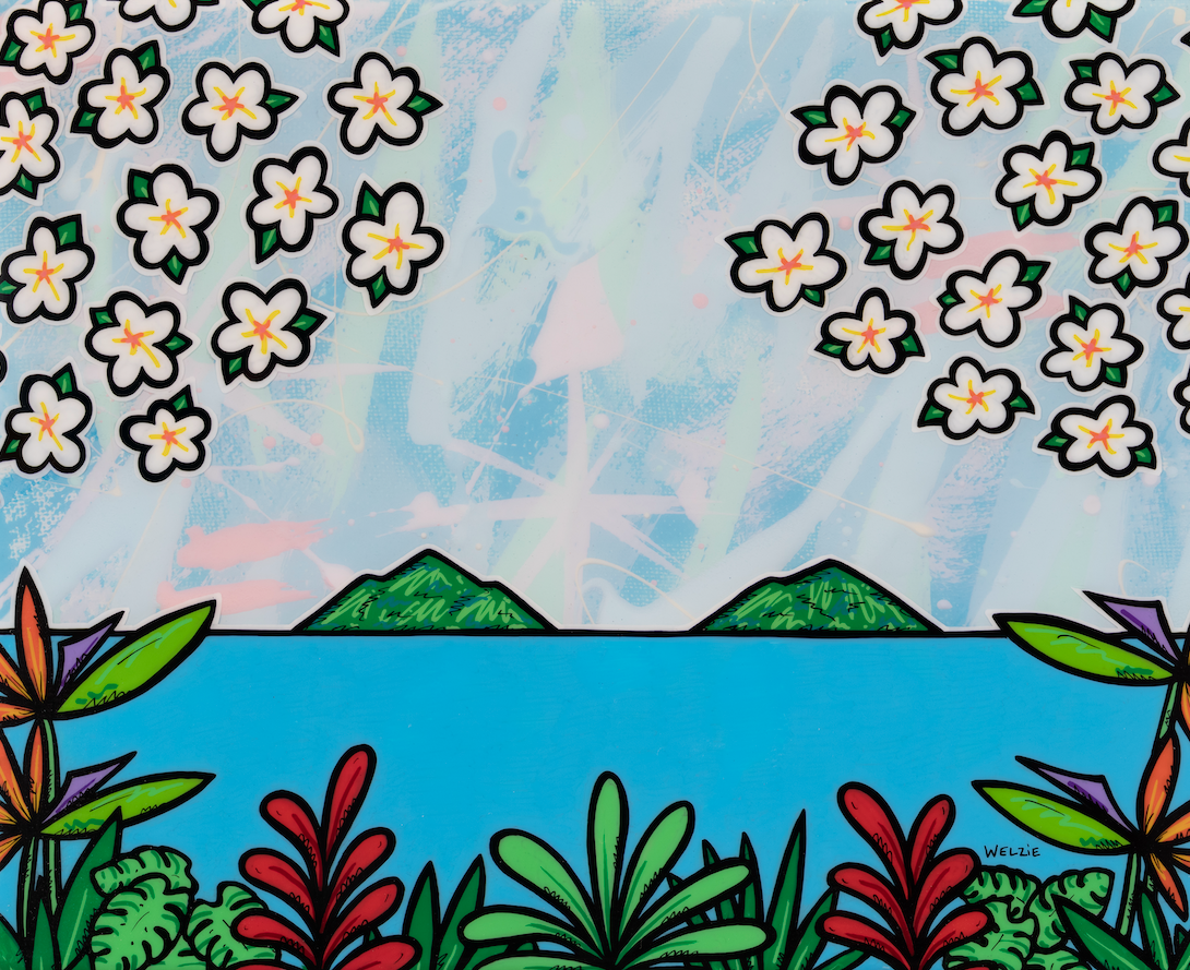Island coastline landscape with tropical flowers and palm trees — aluminum reproduction by Maui artist Welzie