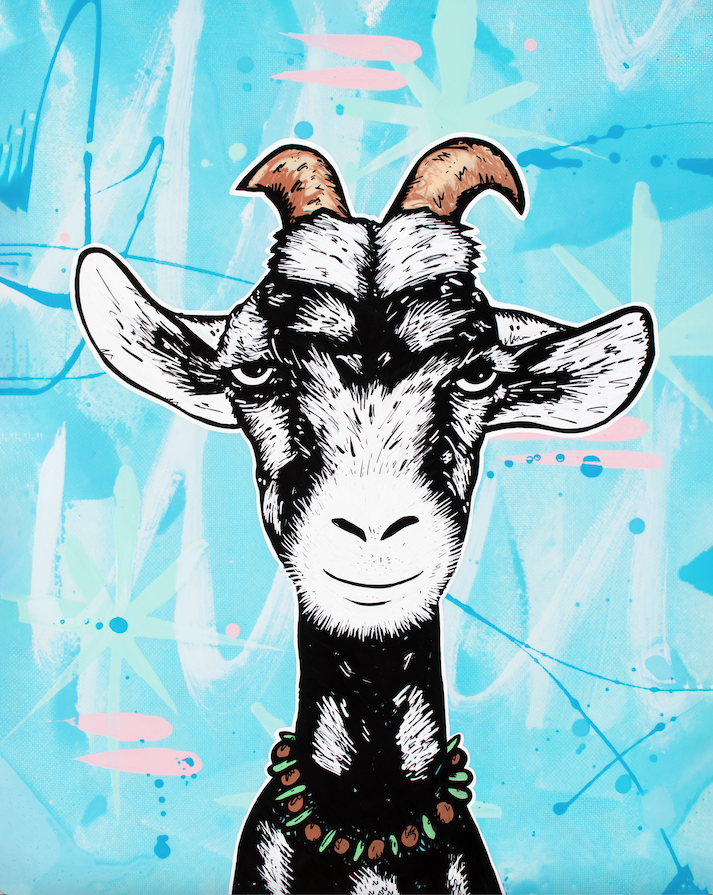 Black and white goat portrait, close-up view — aluminum reproduction by Maui artist Welzie