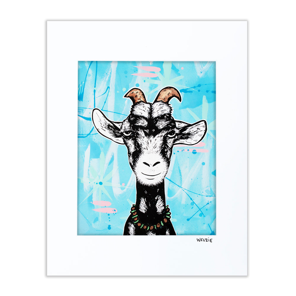 Black and white goat portrait, close-up view — matted fine art print by Maui artist Welzie