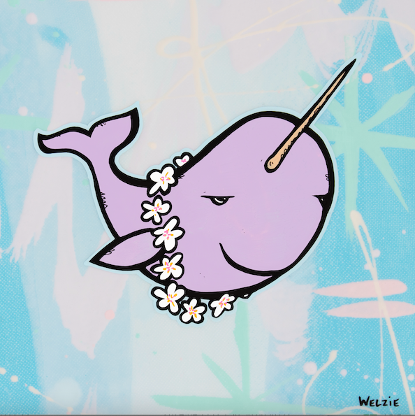 A narwhal with its spiraled tusk swimming through blue water — aluminum reproduction by Maui artist Welzie