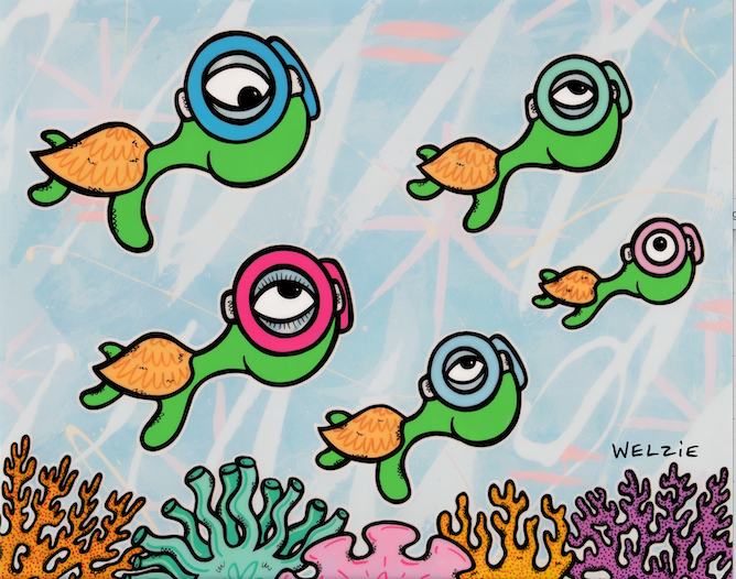A family of round snorkeling characters swimming together — aluminum reproduction by Maui artist Welzie