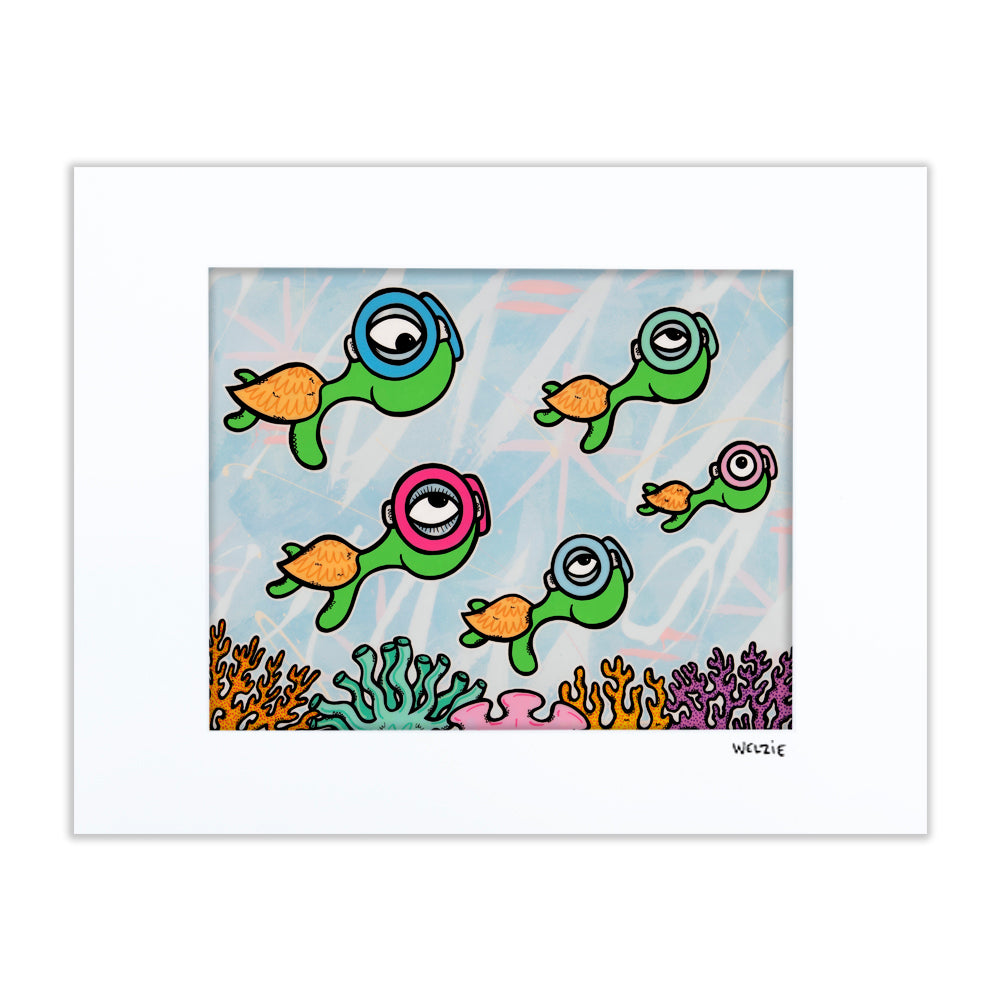 A family of round snorkeling characters swimming together — matted fine art print by Maui artist Welzie