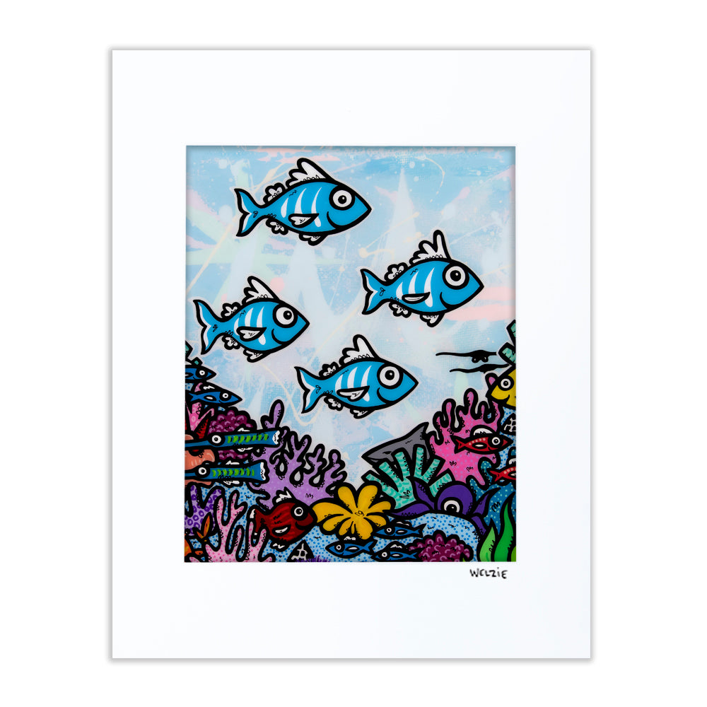 A family group exploring a colorful coral reef scene — matted fine art print by Maui artist Welzie