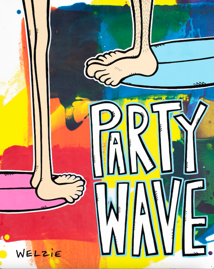A bold graphic wave illustration in a festive color palette — aluminum reproduction by Maui artist Welzie