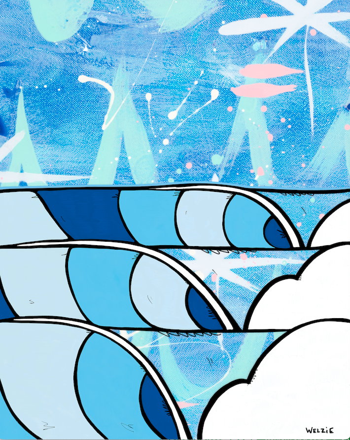 A single curling wave rendered in bold blue graphic linework — aluminum reproduction by Maui artist Welzie