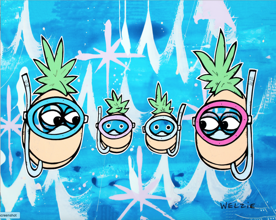 Four pineapple characters wearing snorkel masks together — aluminum reproduction by Maui artist Welzie