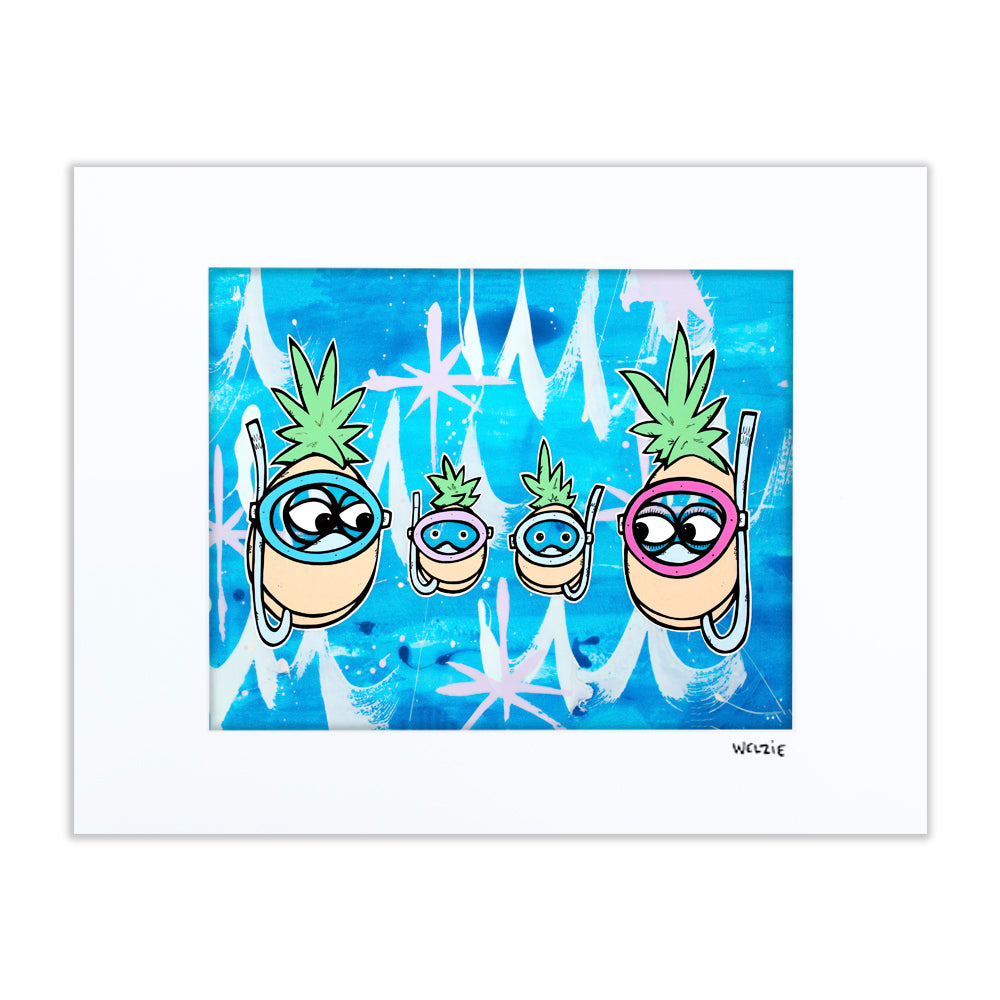 Four pineapple characters wearing snorkel masks together — matted fine art print by Maui artist Welzie