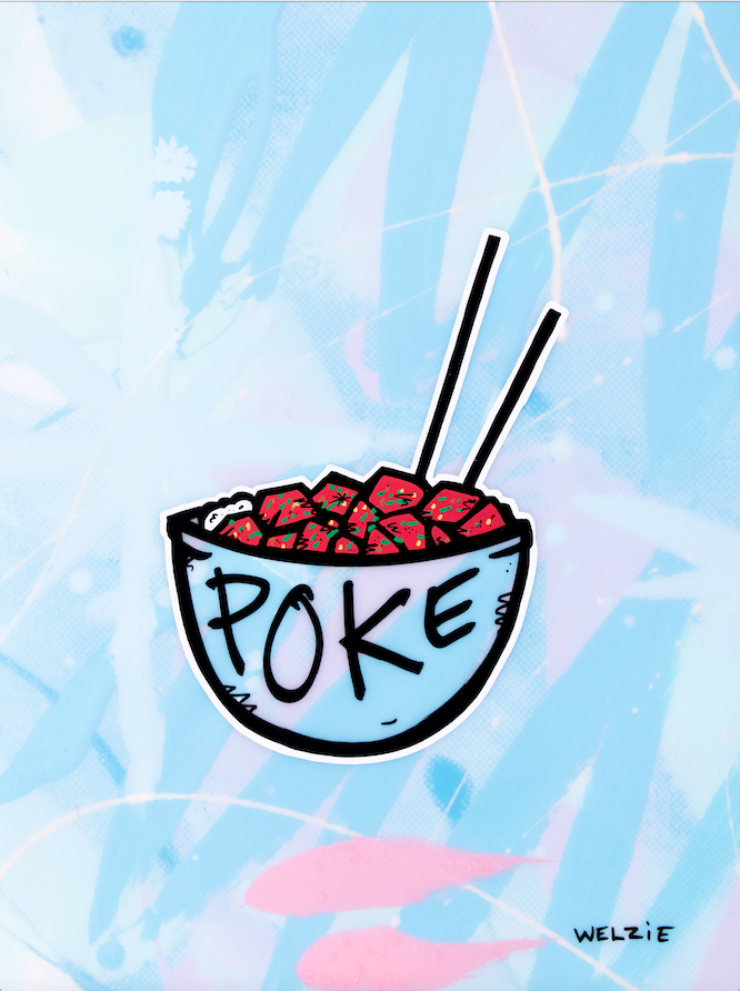 A poke bowl illustrated with colorful fish, rice, and toppings — aluminum reproduction by Maui artist Welzie