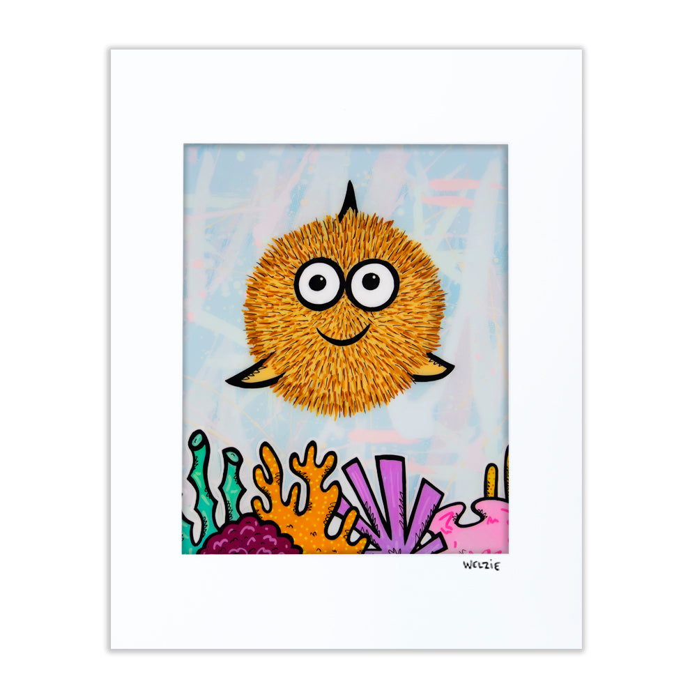 A round pufferfish character with big expressive eyes — matted fine art print by Maui artist Welzie