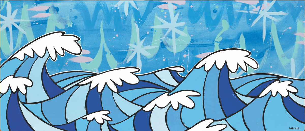 Quick Dry Towel with sea waves in blue.